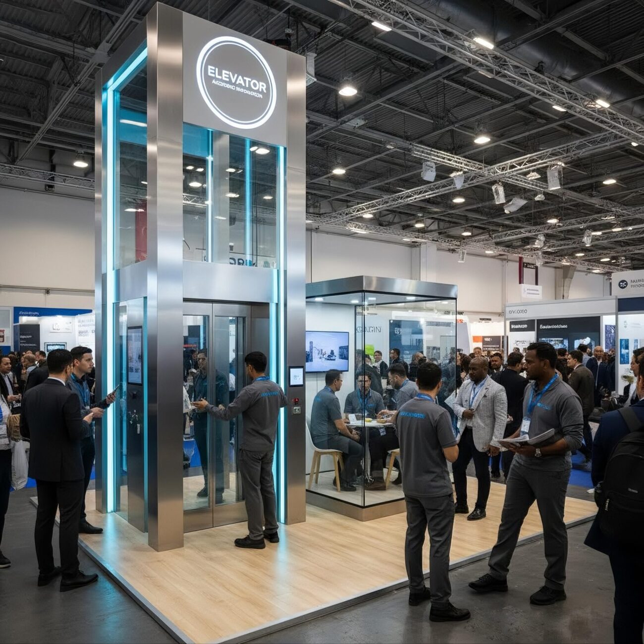 bố trí khu branding của gian hàng Elevator